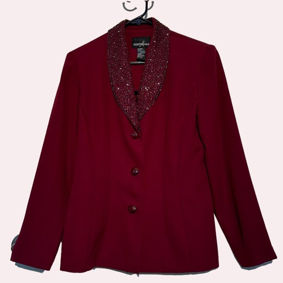 Dressy pantsuit, deep burgundy with sparling bead trim - Picture 1 of 9